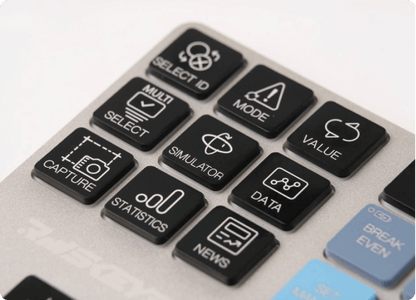 Close-up of Riskeys Smart Trading Keypad buttons showing functions like Statistics, News, and Data for efficient trading management.