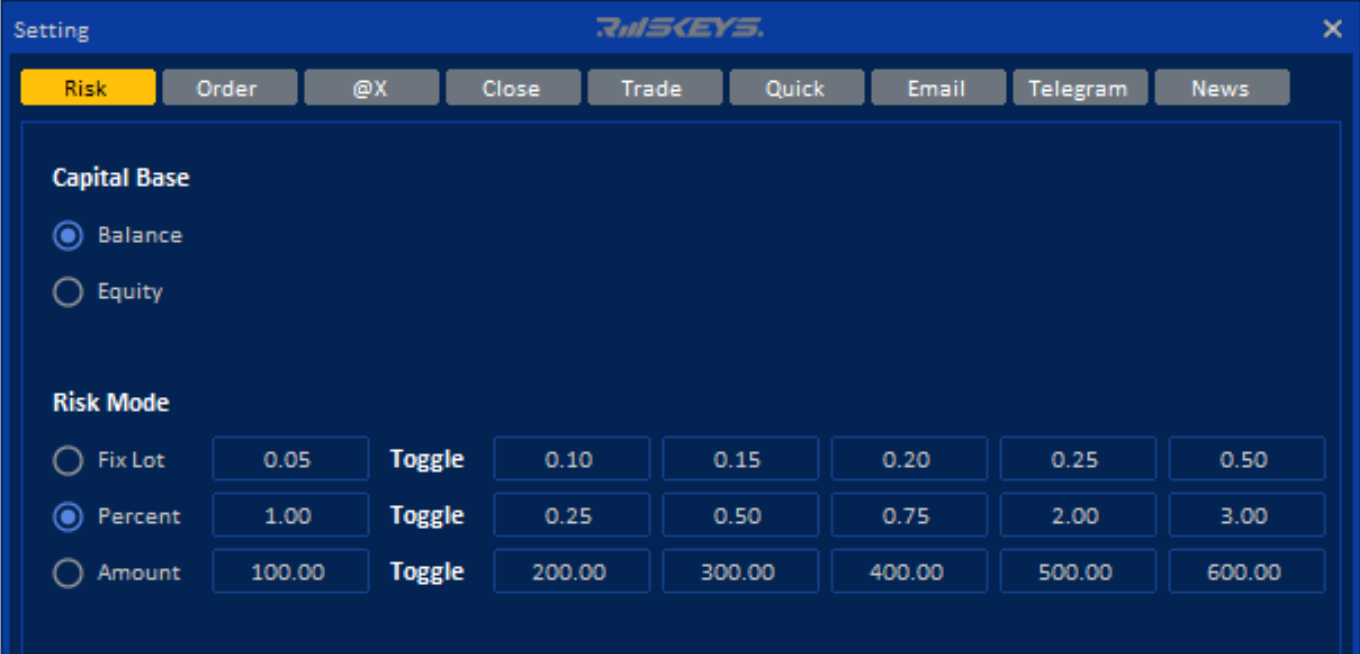 Settings panel for Riskeys digital tool showing risk management options including capital base and risk mode adjustments.