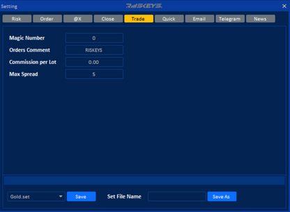 Riskeys software settings screen displaying trade options and parameters for digital trading.