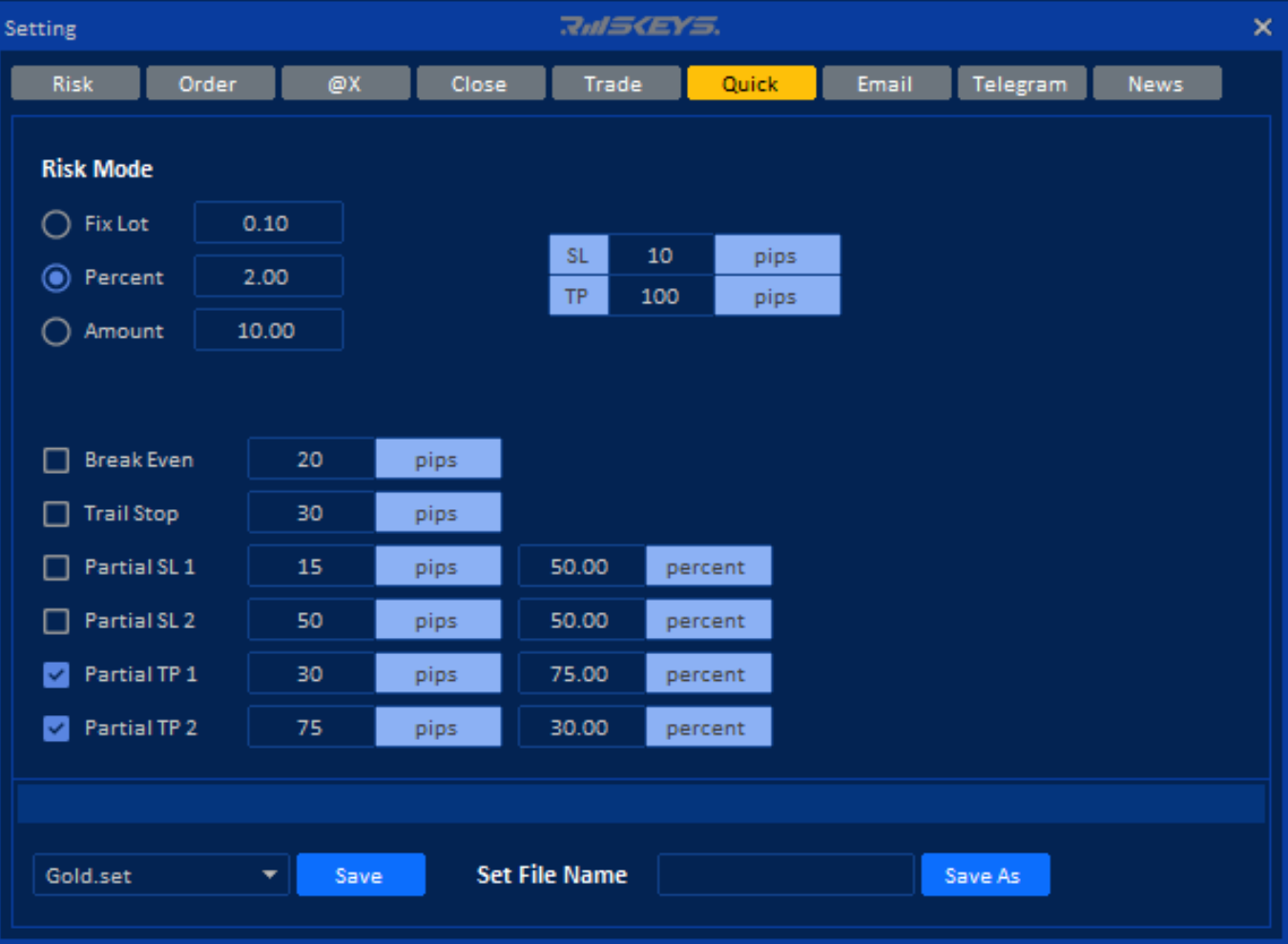 Risk mode settings interface for Riskeys digital product with options for lot size and trailing stop.