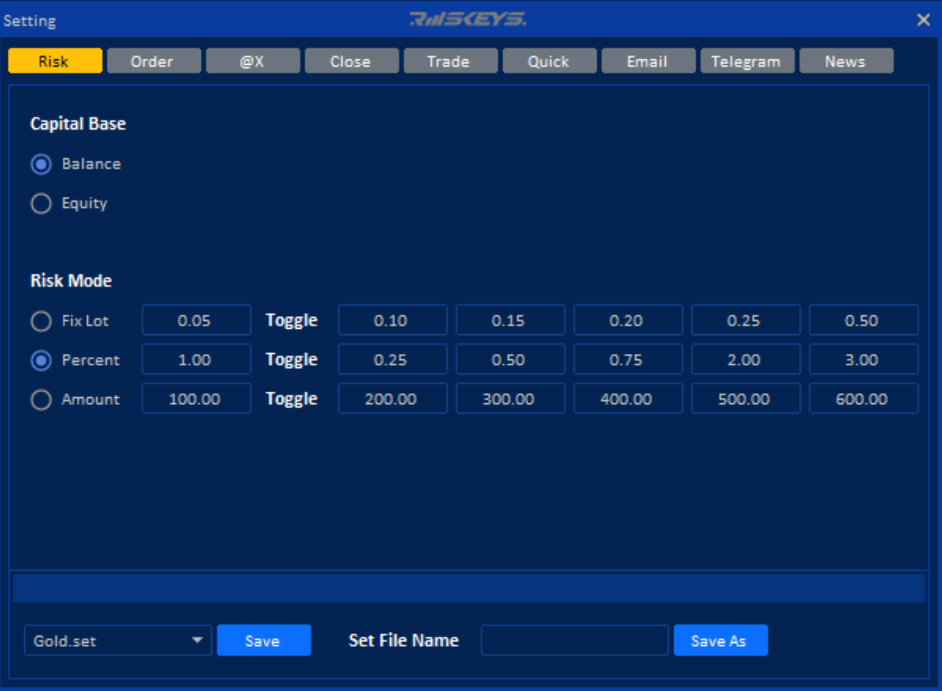 Settings panel for Riskeys digital product, showcasing risk management options like balance, equity, and lot adjustments.